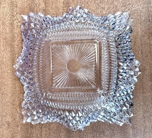 Vintage Indiana Glass 6-3/4" Dish Iridescent Blue Diamond Point Ruffled Edge