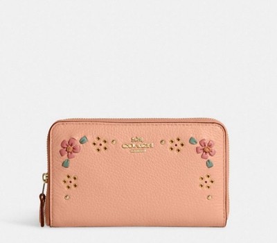 Coach Medium ID Zip Wallet with Floral Whipstitch