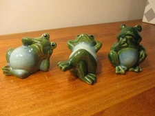 Set of (3) Ceramic Frogs. Green and Blue Glaze. 4 in. Height.
