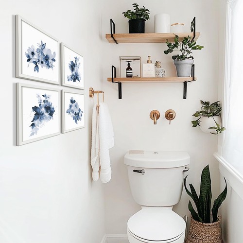 Framed Bathroom Wall Art, Blue Watercolor Flowers Wall Decor White Picture Fr... - Picture 7 of 8