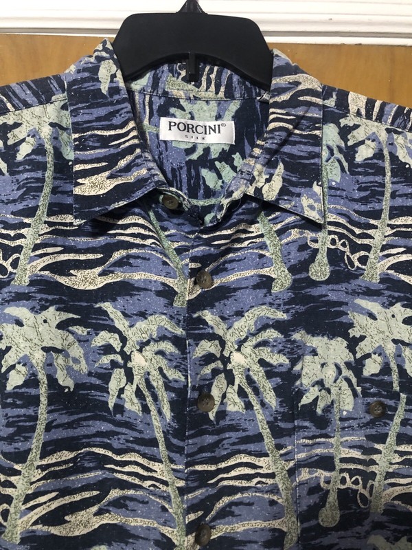 Men’s Porcini Silk Button Up Palm Tree Print Pocket Hawaiian Camp Shirt Size XL