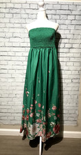 Shein, Women Plus 1X, Green Strapless Floral Poly Satin Smocked Maxi Dress