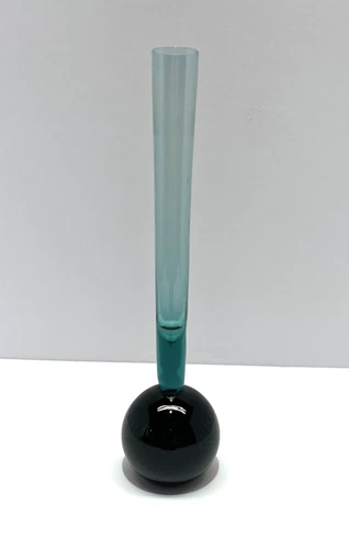 Vintage MCM Murano Art Glass Controlled Bubbles Bulb Teal Bud Vase 8"