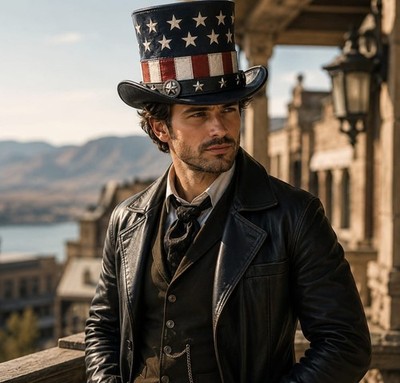 Handmade USA Flag Leather Top Hat   Vintage Western Uncle Sam Style Hat