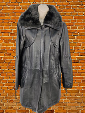 Womens Julia S Roma Black Genuine Leather Coat Jacket Size Uk 12 Fur Trim Collar