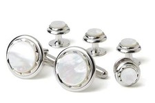 NEW Mother of Pearl MOP Diamond Cut Silver Trim Cuff Links Studs Boxed Stunning 