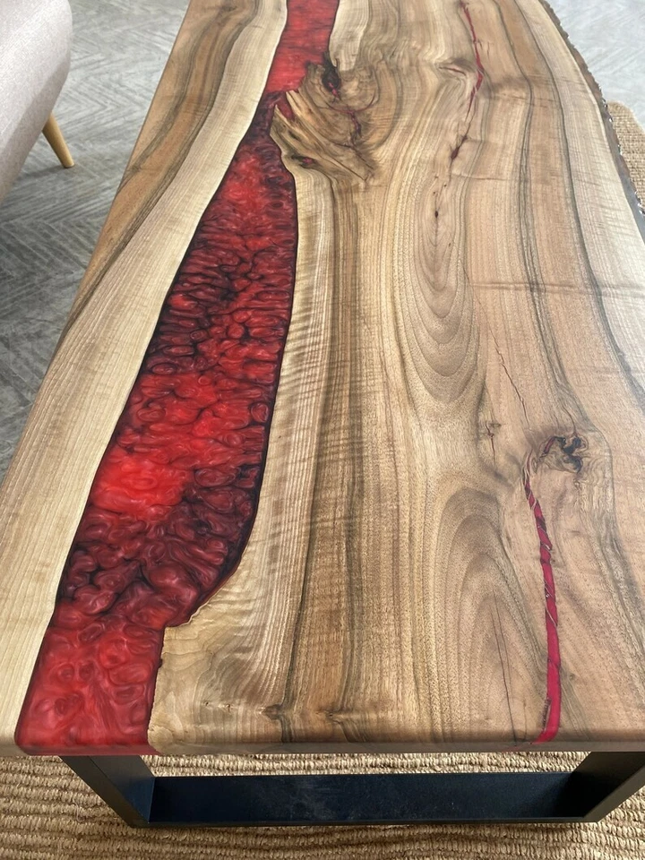 Red Epoxy Console Table Top, Epoxy Live Edge Wooden Console Bar Slab Decor - Image 3 of 4