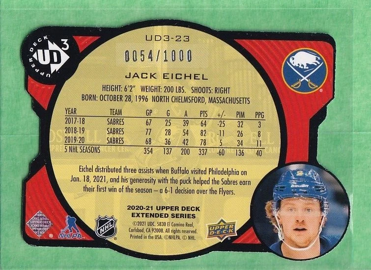 2020-21 Upper Deck Extended Series UD3 #UD3-23 Jack Eichel 0054/1000 - Image 2 of 2