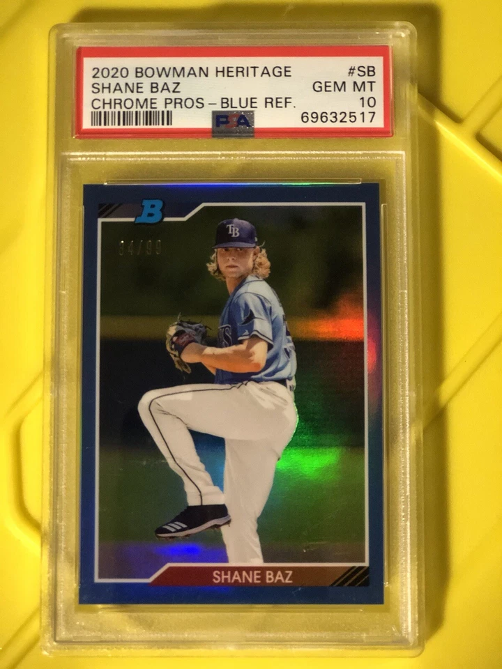 2020 Bowman Heritage Shane Baz Chrome Pros Rookie Blue Refractor SP PSA 10 Gem - Image 3 of 4
