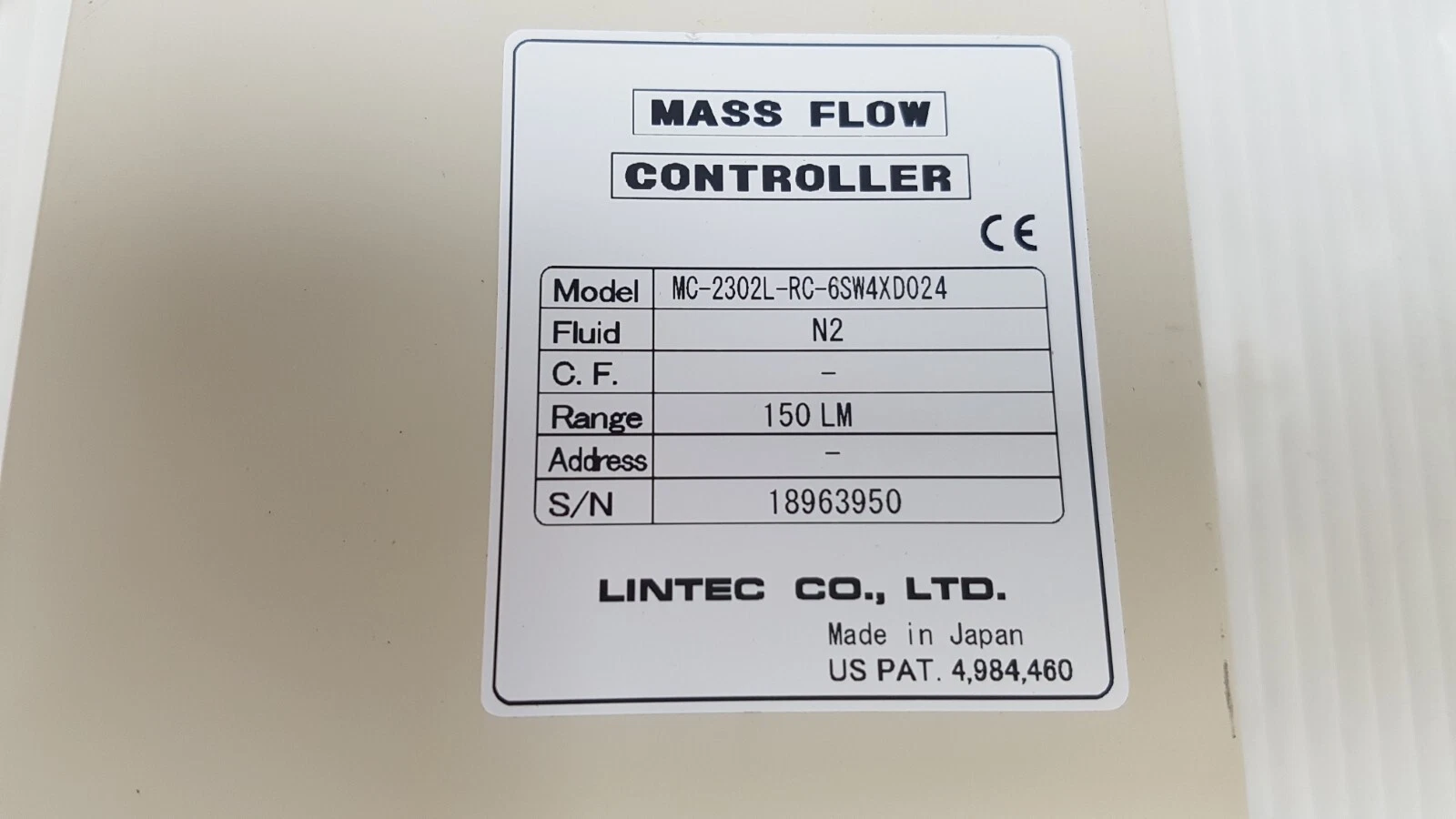 LINTEC nameplate: model MC-2302L-RC-6SW4XD024, fluid N2, range 150 LM, Made in Japan