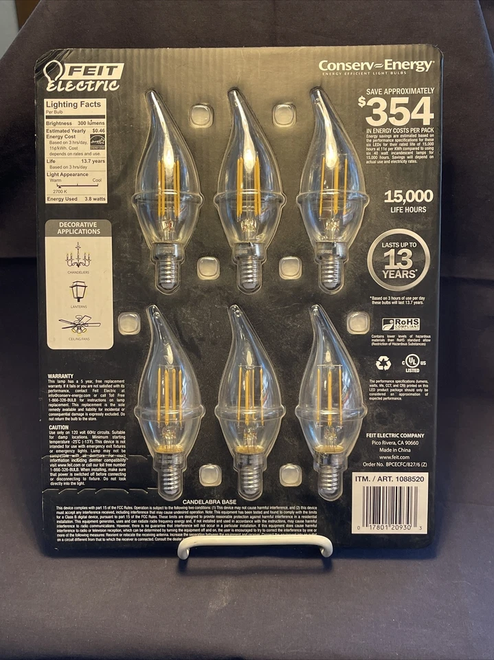 Feit Electric LED Dimmable Clear Chandelier Light Bulbs 3.8W 6-pack 300 Lumens - Image 3 of 3