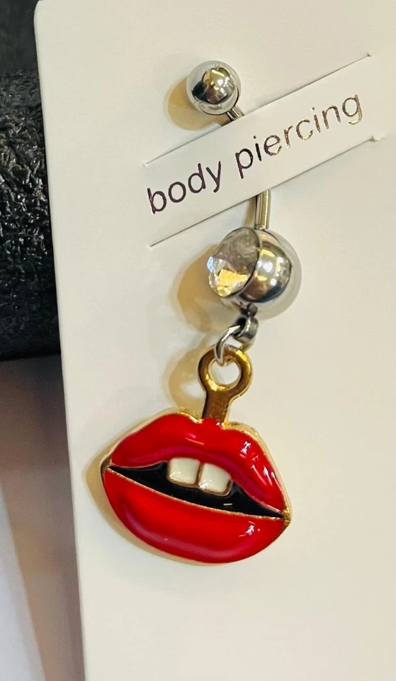 Stylish Belly Button Piercing Crystal Ball Red Lips Charm White Teeth - Image 4 of 4