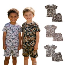 Toddler Boys Camo Short Sleeve T-Shirt  Drawstring Shorts Set For Summer Casual