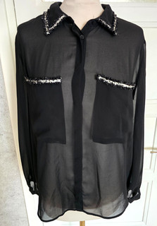 CHEMISE VOILE NOIRE FANTAISIES COL HAUT POCHES ZARA TAILLE GRAND S NEUVE