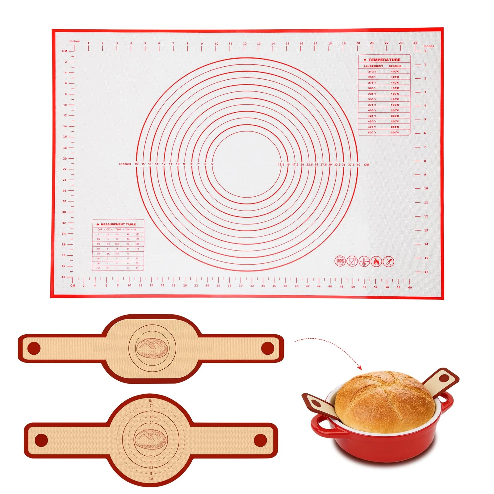 Silicone Baking Mat 3-Piece Set:1Pcs 27x19 inch Non-Slip Pastry Rolling Mat w...