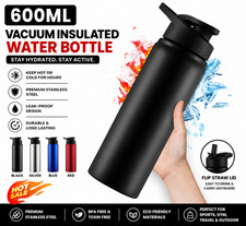 Triple Insulated Stainless Steel Water Bottle with Straw Flip Top Lid 600ml