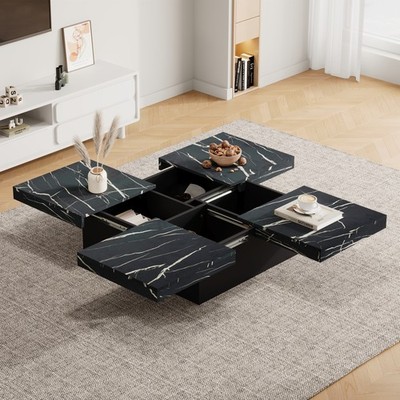 Moderner quadratischer Couchtisch mit Marmoroptik, mittiger Teetisch mit 4 Schiebedra