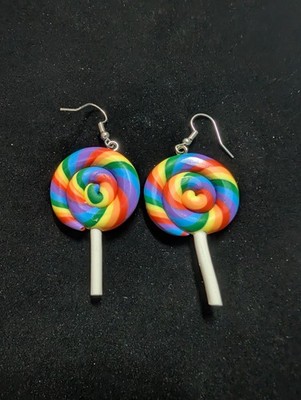 Earrings Rainbow Lollipop Dangle Drop Womens Multicolor Polymer Clay Candy Fun