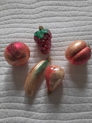 LOT 5 GERMANY Frosted GLITTER SUGAR Fruit Ornaments PEACH Pear BANANA Grapes