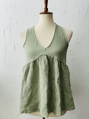 In Loom Sleeveless Top Baby Doll Teal Green 100% Soft Cotton Fringed Sz Small