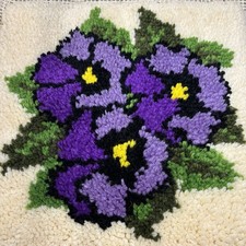 Vintage Floral Purple Wreath Latch Hook Yarn Piece to Mount, Handmade Square