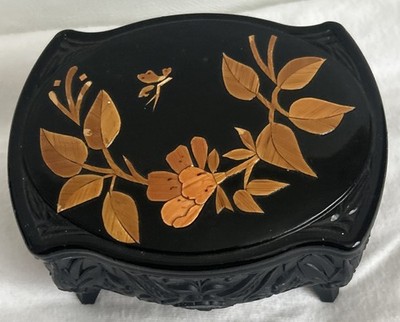 Vintage Soviet Era Black Trinket Box Straw Inlaid Coffin Style Jewelry Velvet
