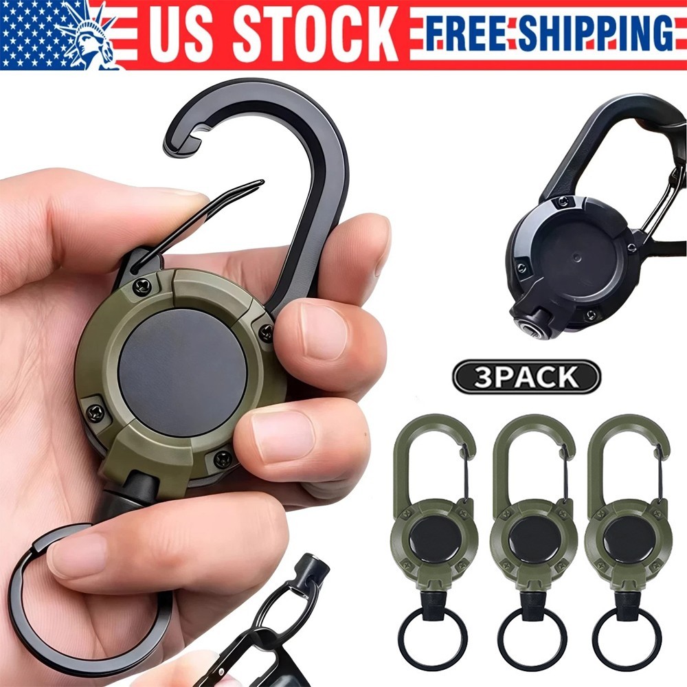 3X Heavy Duty Retractable Keychain Carabiner Badge Holder Steel Wire Cord Reel