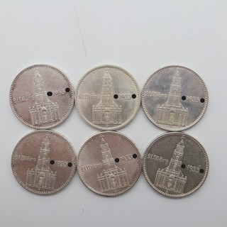 6x 2 Reichsmark Silber Kirche mit Datum 1933 ADEFGJ III. Reich B31