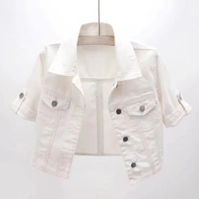 Women Denim Jacket Jean Coat Cropped Top Short Sleeve Outwear Party Holiday Chic