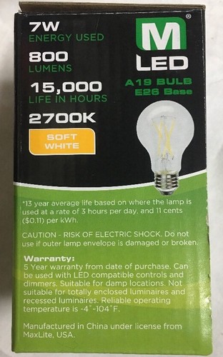 MaxLite CLEAR FILAMENT Design LED A19 7W = 60 W # LF7A19DLED27/G2 Dimmable *NEW - Picture 3 of 11