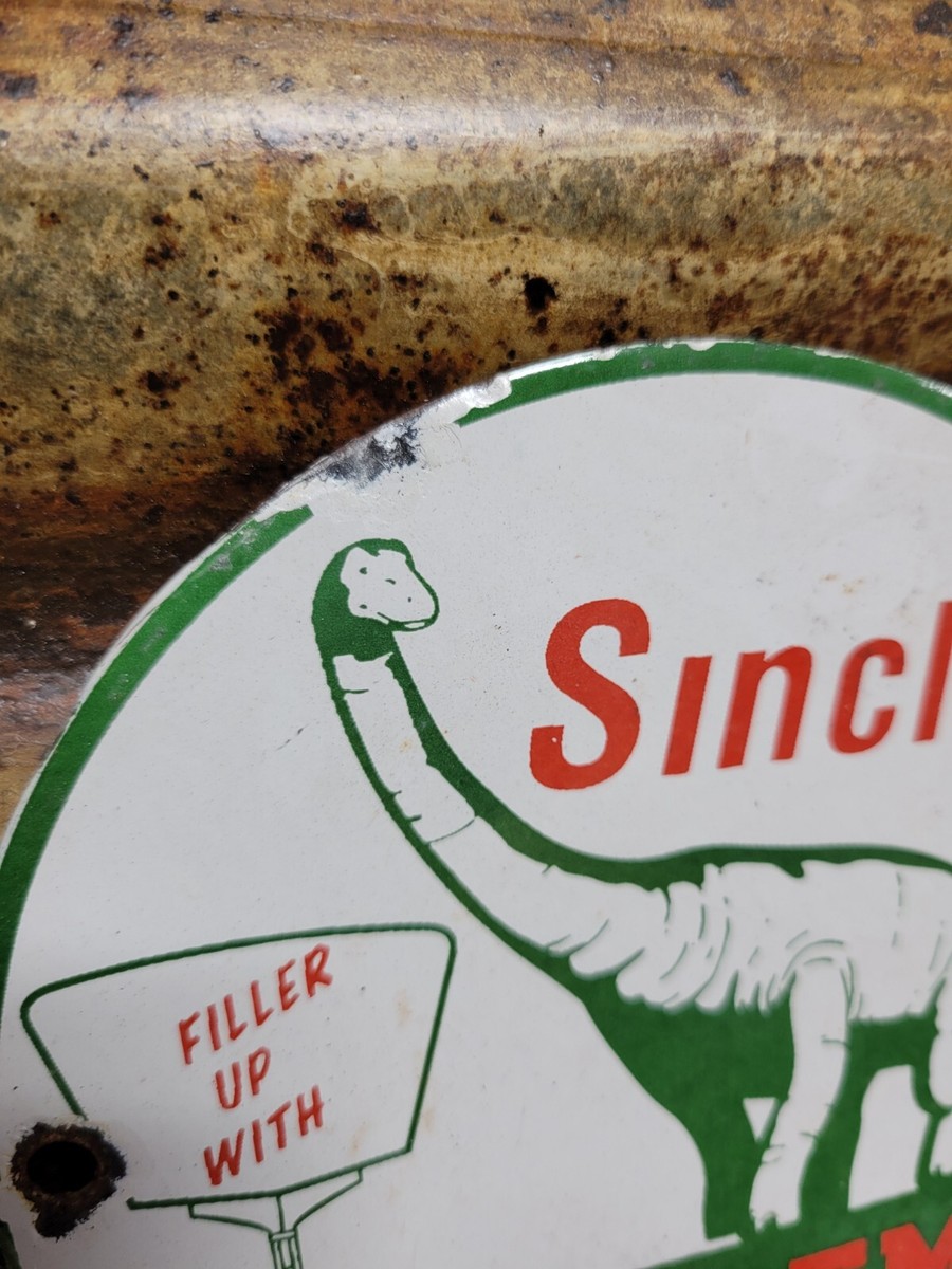 VINTAGE SINCLAIR PORCELAIN SIGN DINO SUPREME GASOLINE MOTOR OIL
