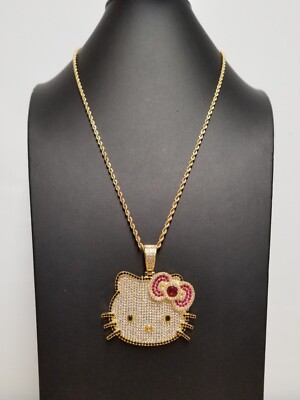 The Jewelers House ''Iced Out Hello Kitty'' Simulated Diamond Gold Tone Necklace
