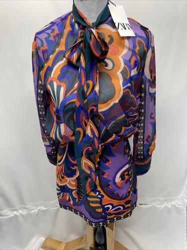 ZARA Womens XS Bold Multicolor Batik Bow Neck Mini Dress - Picture 13 of 17