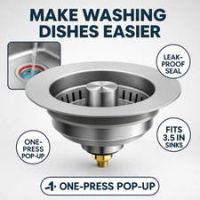 3 in 1 Kitchen Sink Drain Strainer Stopper Pop Up Stainless Steel 3.5 Inch Fit