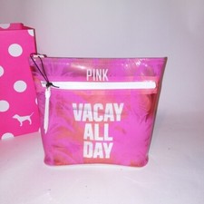 Victoria Secret PINK Make Up Bag Vacay All Day Palm Trees Clear Blue Pink