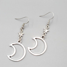 Crescent Moon Stars Pierced Earrings Open Work Silver tone Dangle 1.75"