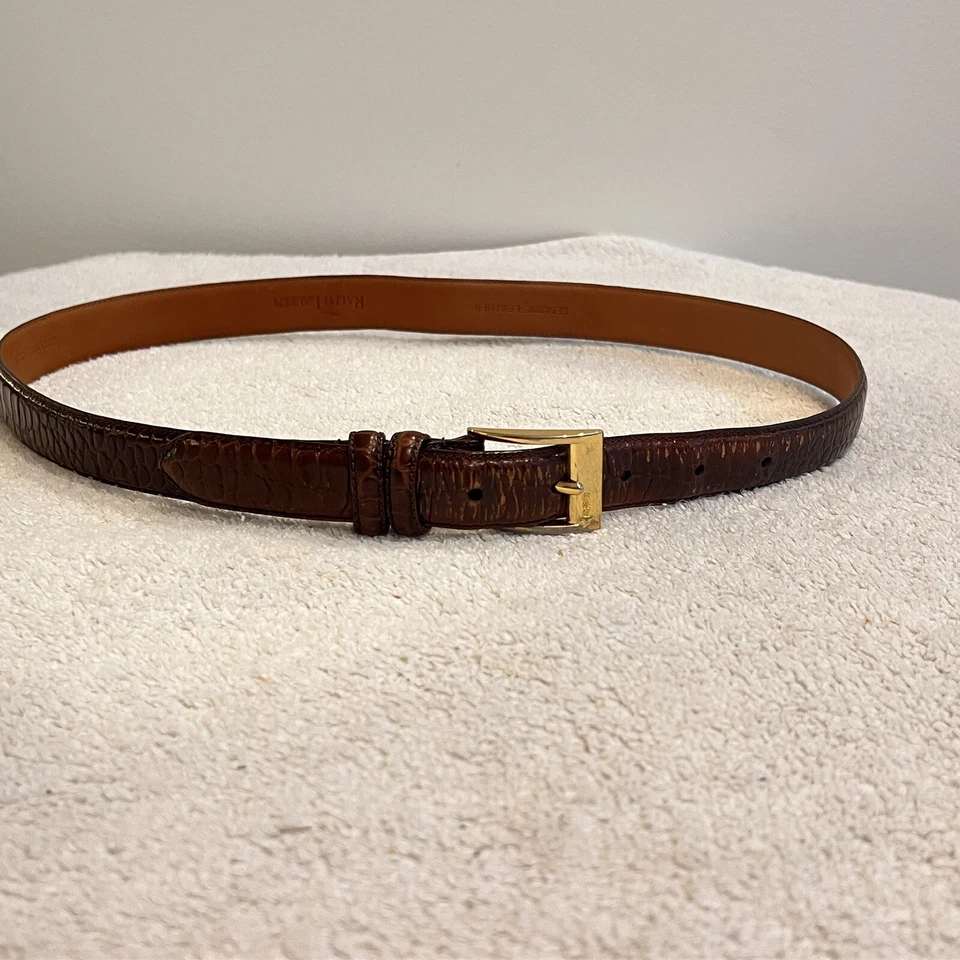 Ralph Lauren Brown Leather Belt Boys L Gold Buckle Church Uniform Animal Print - Image 3 of 4