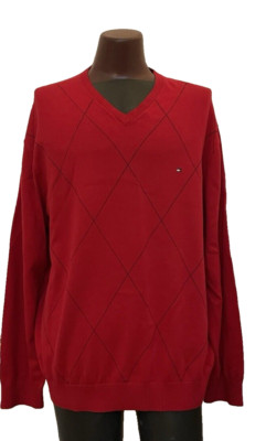Tommy Hilfiger Mens Argyle Sweater Pullover XXL Red 100% Cotton 0484575 V Neck