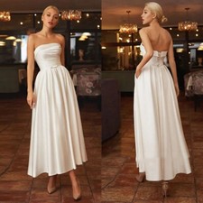 Simple Satin Wedding Dresses Strapless Backless Ankle-Length Beach Bridal Gowns