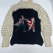 Vintage Woolies Handknits Sweater S Christmas Dog Trainer Ice Skating 2-Sided *