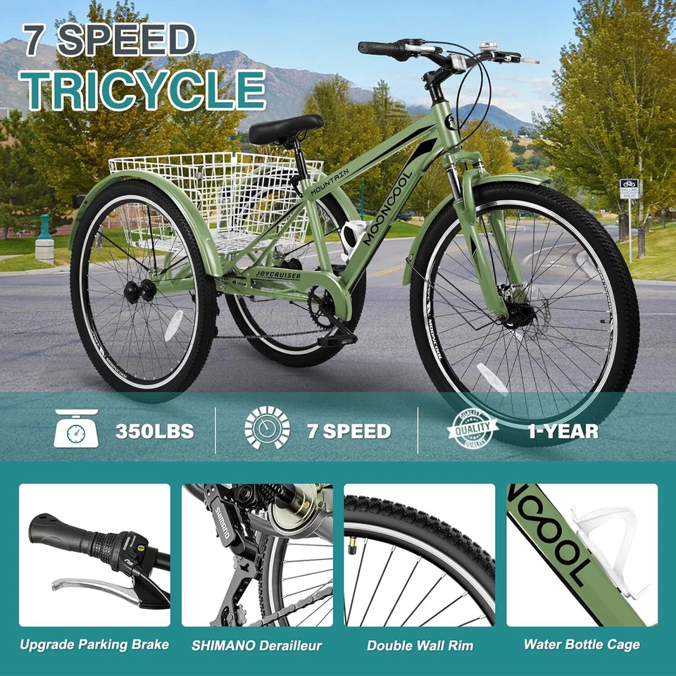 Горный трехколесный велосипед для взрослых, 24/26/27,5 дюйма горный велосипед 7 скоростей - Изображение 3 из 4