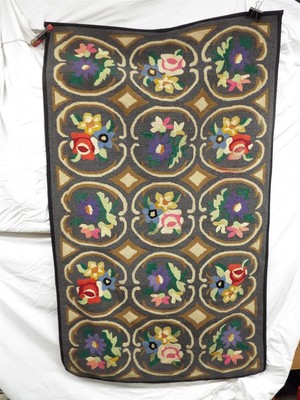 Large Hooked Rug Art Kitchen Mat Hand Made Floral Flowers Garden Folk Latch Hook