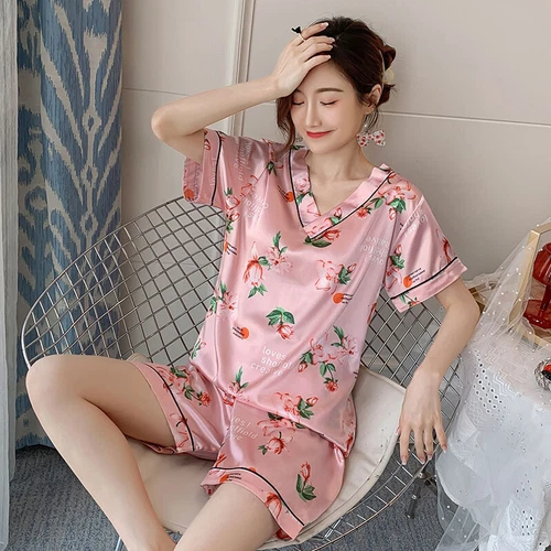 Damen Seide Satin Pyjama Set Kurzarm Nachtwäsche V-Ausschnitt Homewear 2-teilig Pyjama - Bild 46 von 60