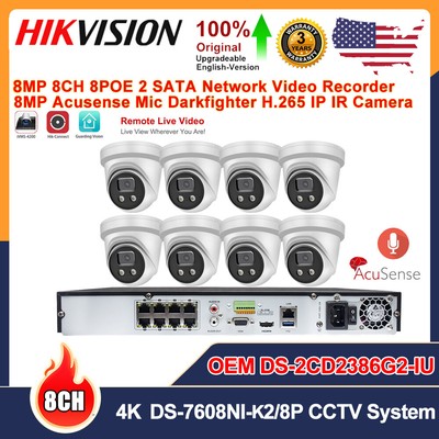 Hikvision 4K 8ch PoE Acusense Mic CCTV Systems 8MP IP Camera DS-2CD2386G2-IU Lot