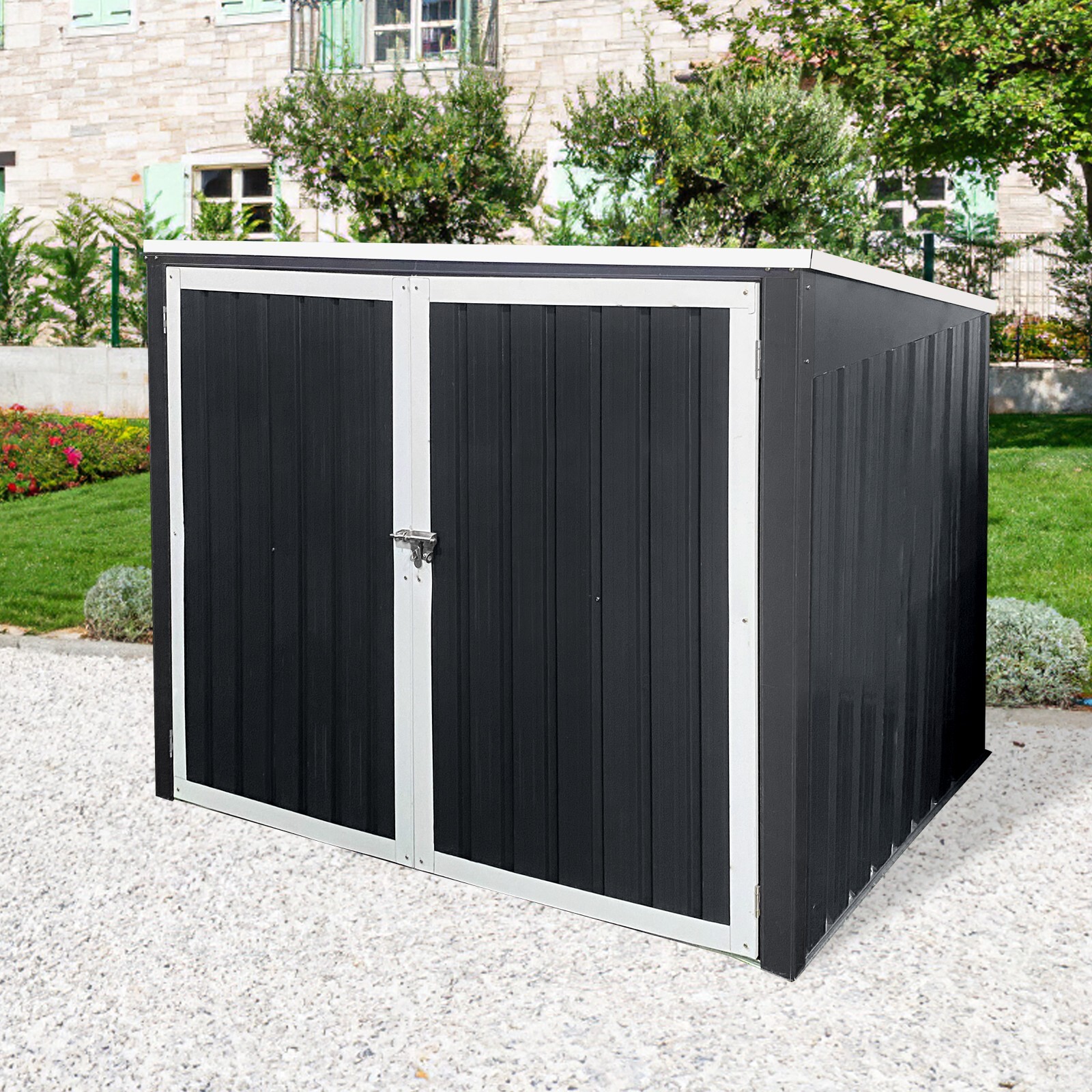 Outdoor Metal Garbage Bin Shed Horizontal Cabinet Box for Garden w/Lockable Door