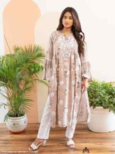 Beige Mulmul Cotton Chikankari A-Line Kurti Lucknow Chikankari Handmade Kurti
