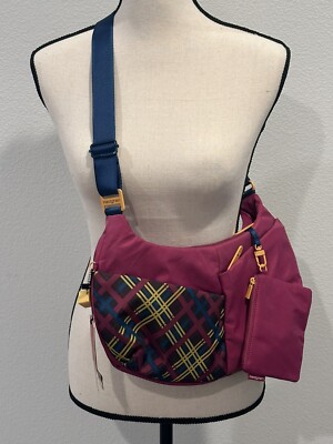 New Hedgren Pilates Crossbody Messenger Bag Burgundy Check Print HPLT09 14 x8 
