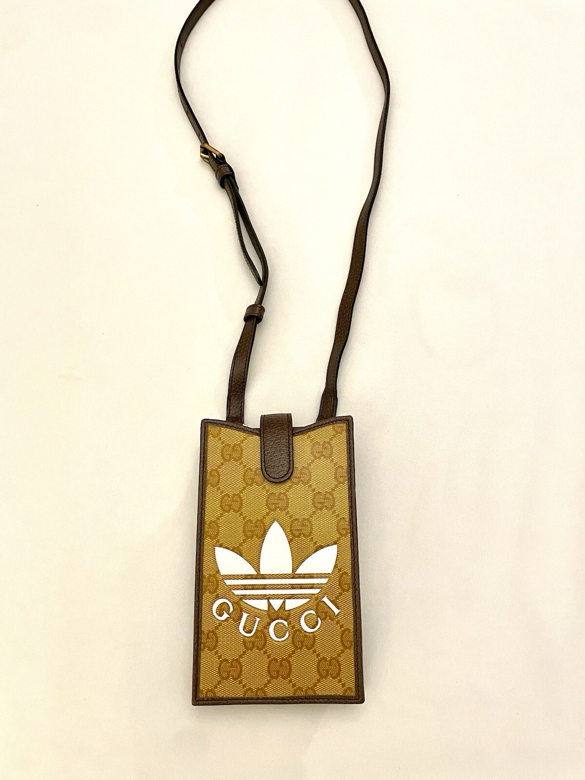 Gucci X Adidas Beige Brown Gold Canvas GG Phone Case Crossbody Strap Limited Ed