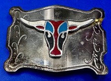Cowboys Longhorn Cow Steer With Inlaid Enamel Colors Vtg. Belt Buckle To Restore