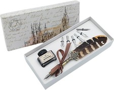 Feather Pen and Ink Set, Quill Pen Set Antique Dip Pen with Ink and 6 Nibs 6p...